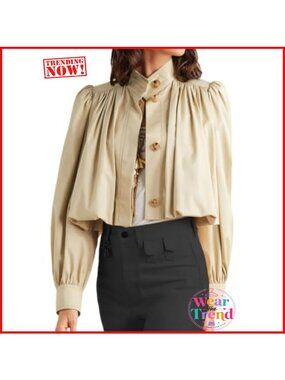 Women's Cropped Pleated Button Trench Coat Casual Jacket